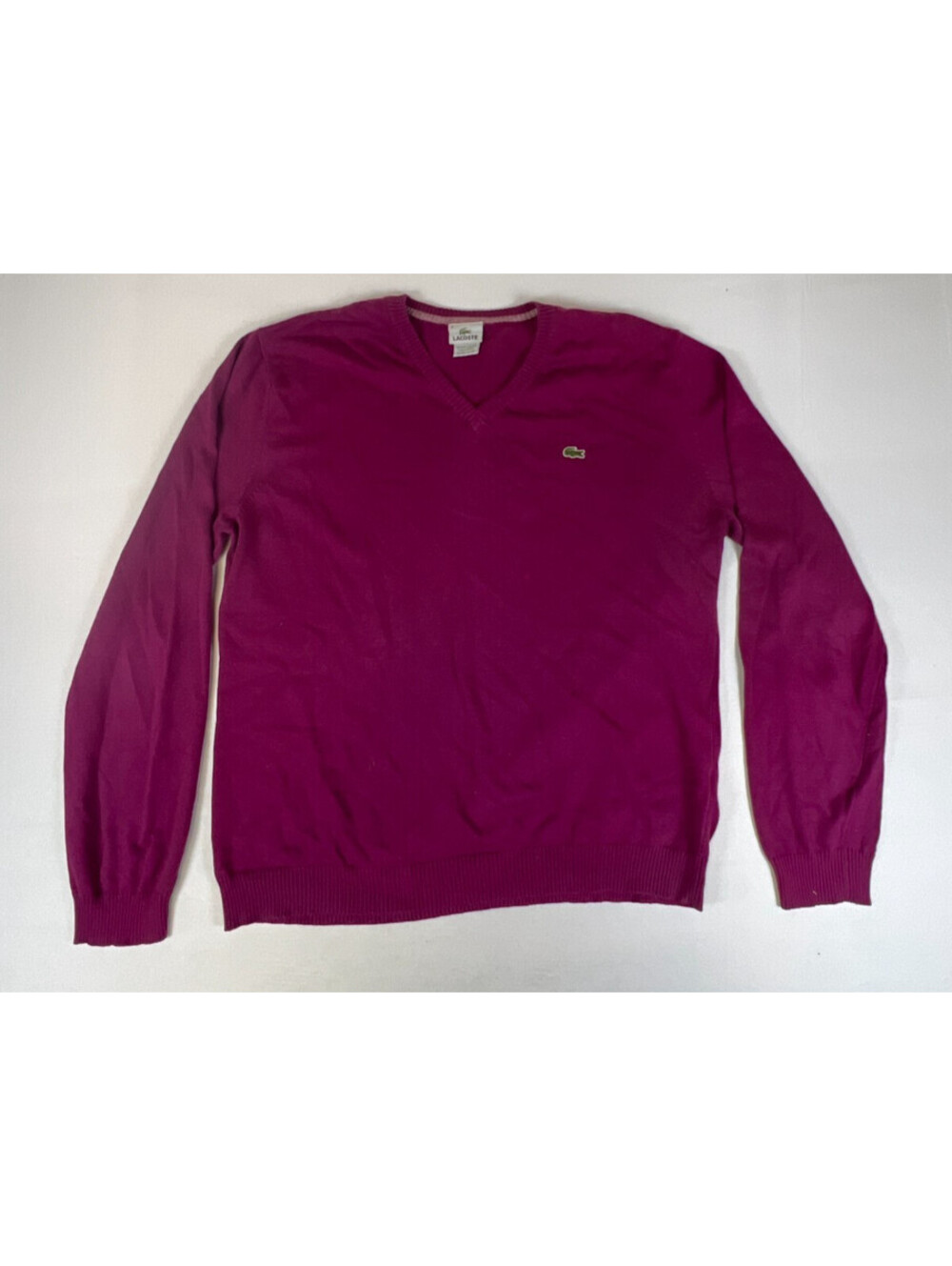 Lacoste Men Size 6 Magenta Purple 100% Cotton V-Neck Long Sleeve Sweater